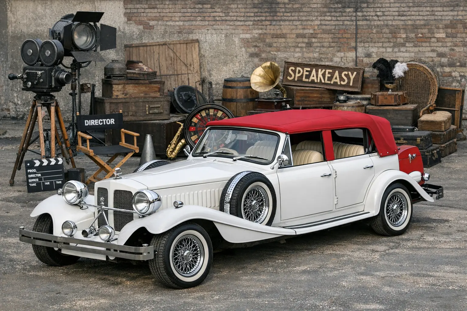 show a picture of a white beauford with red top roof with 1920's film props behind it redundant not being used