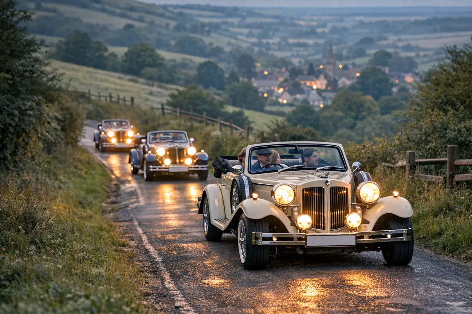 create a picture of several Beauford tourers with convertible hoods down driving down a country hill with headlights on in a convoy