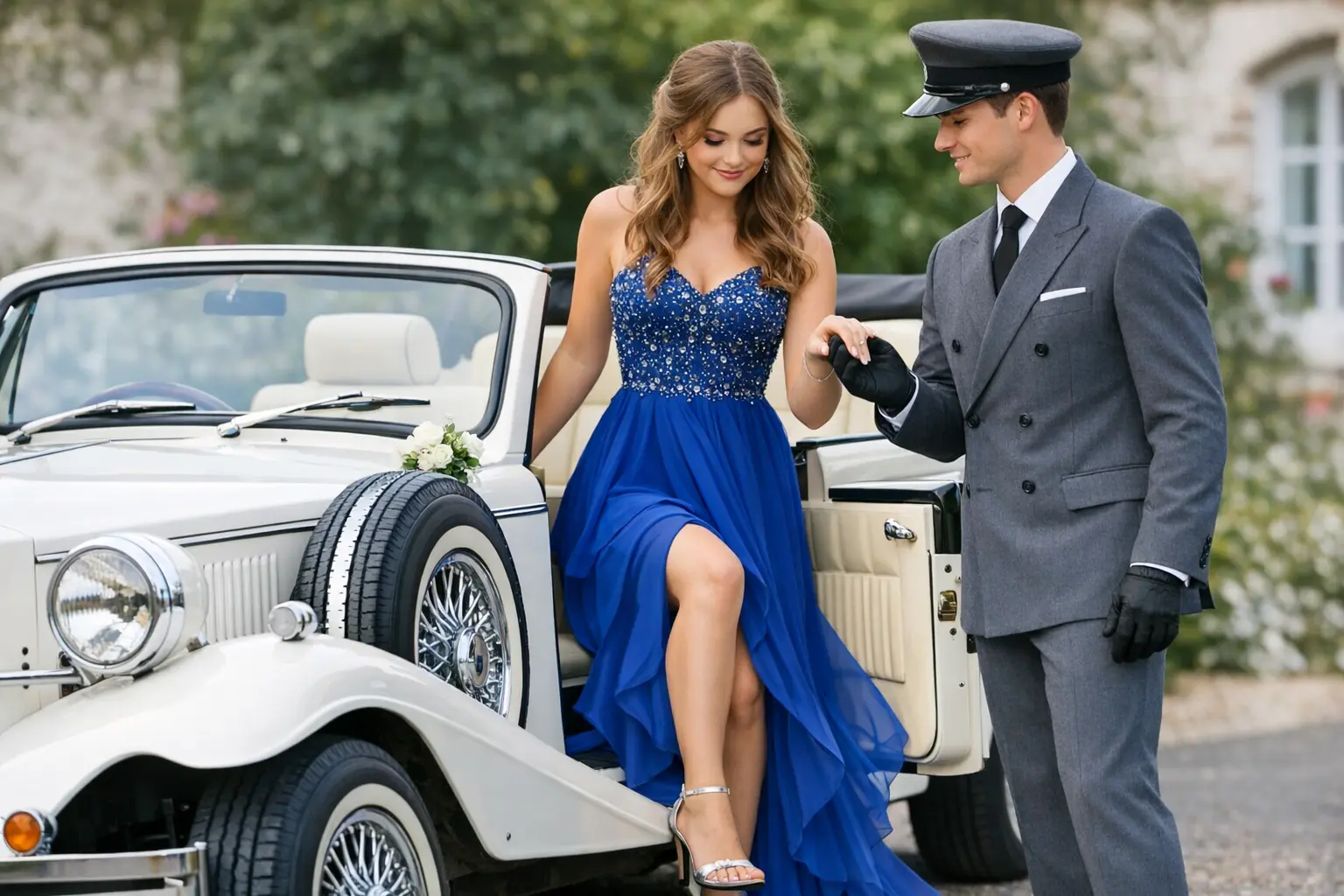 create and insert an image of a young girl in a blue long prom dress alighting from a white open top beauford with a young handsome chauffeur holding her hand dressed in a grey double breasted suit and hat