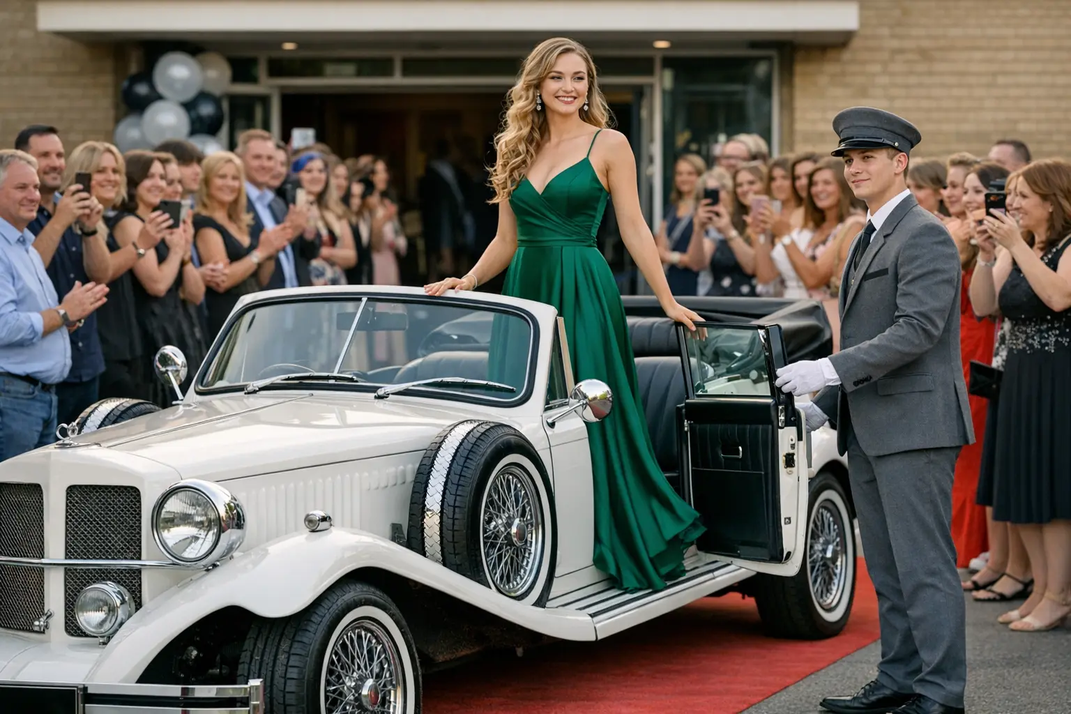 Insert an image of a white beauford tourer without white ribbons arriving at a school prom entrance with parents and pupils lining the way with an elegant young lady standing up beautifully in the car a white beauford in a green dress with young chauffeur in a grey jacket and trousers uniform holding the door open for her 