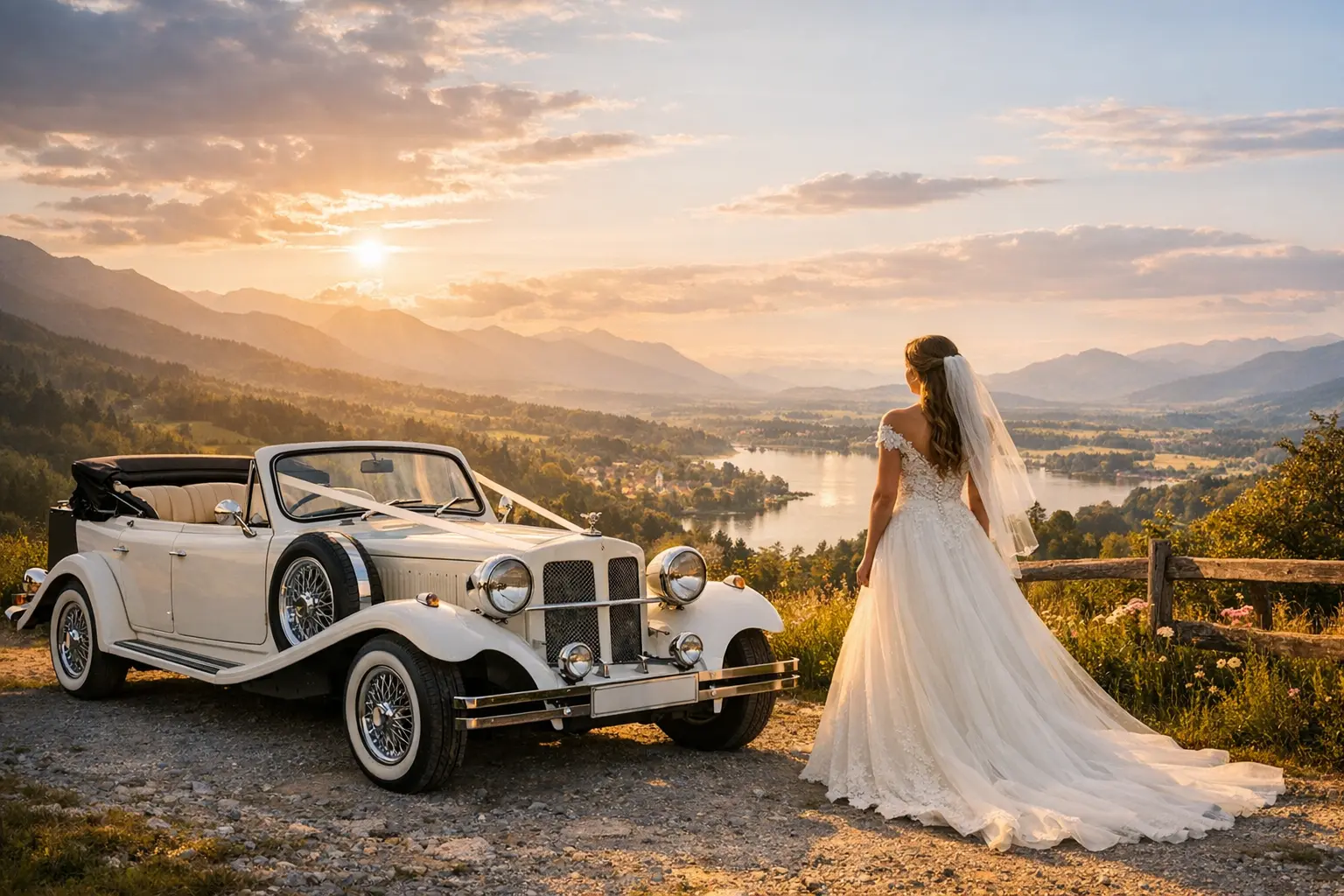 Insert a picturesque backdrop with a bride in white wedding gown next to a white beauford tourer looking over at the landscape