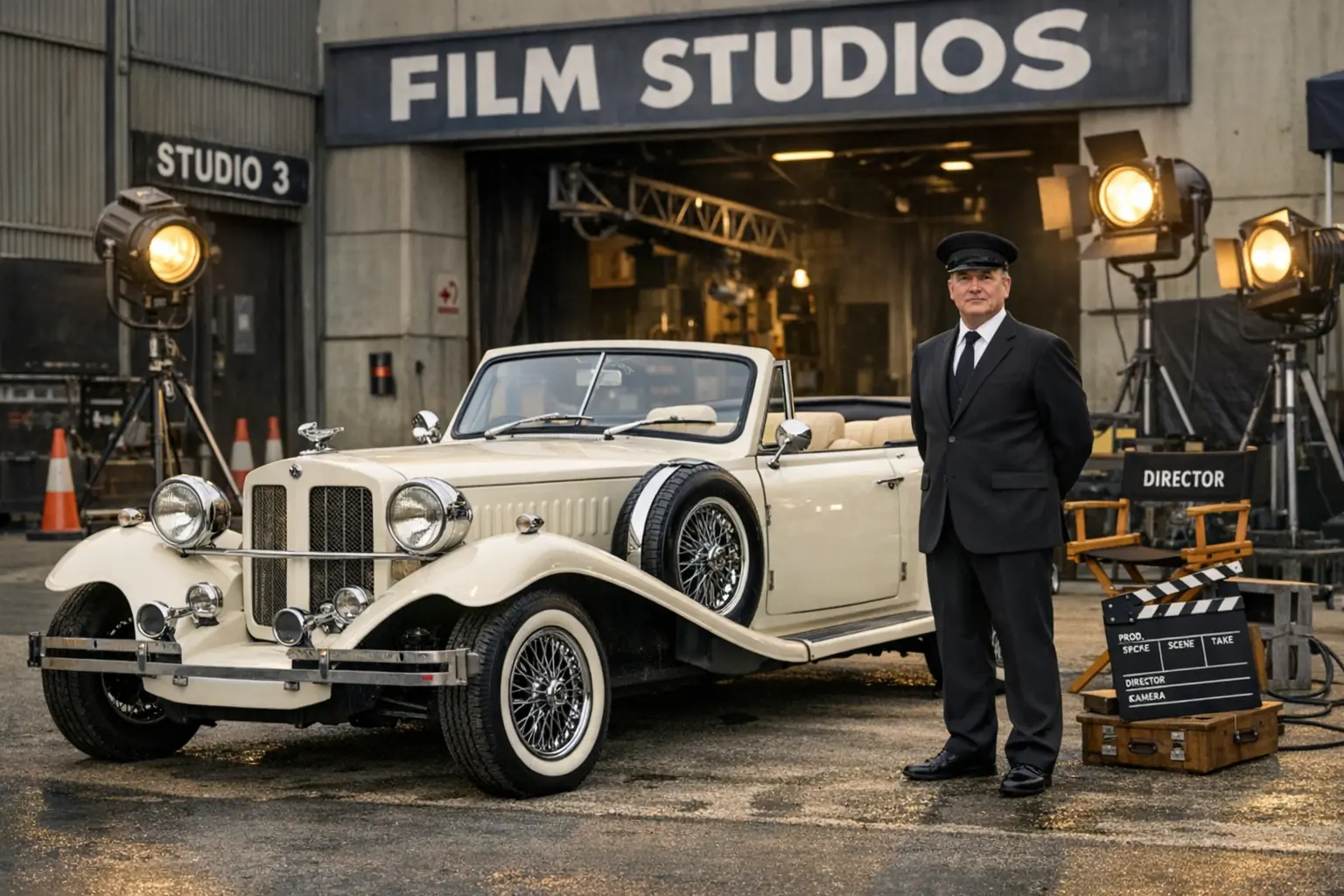 Create an image of a beauford tourer with chauffeur pictured outside a film studio location