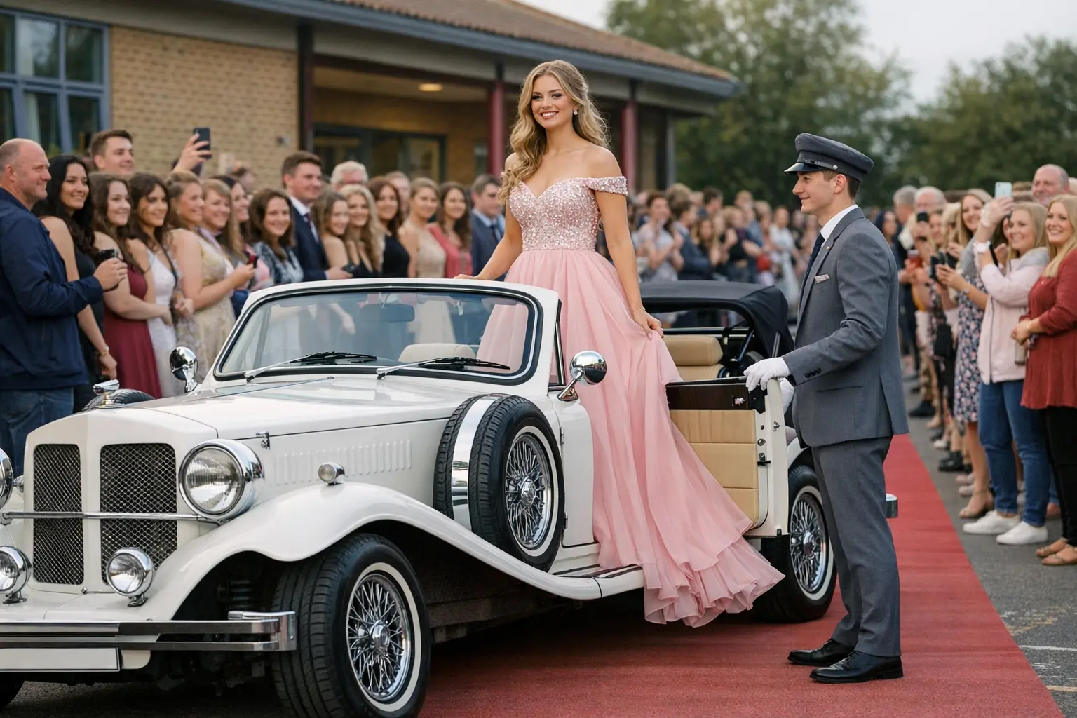 Insert an image of a white beauford tourer without white ribbons arriving at a school prom entrance with parents and pupils lining the way with an elegant young lady standing up beautifully in the car a white beauford in a pink dress with young chauffeur in a grey jacket and trousers uniform holding the door open for her 